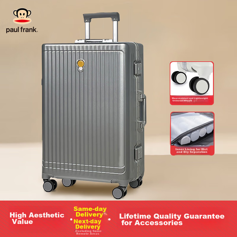 Paul Frank Aluminum Frame Suitcase with Wheels for Men And Women, 24-Inch Lightweight Travel Luggage with Quiet Wheels, Anti-Drop Large Capacity Password Lock Leather Case