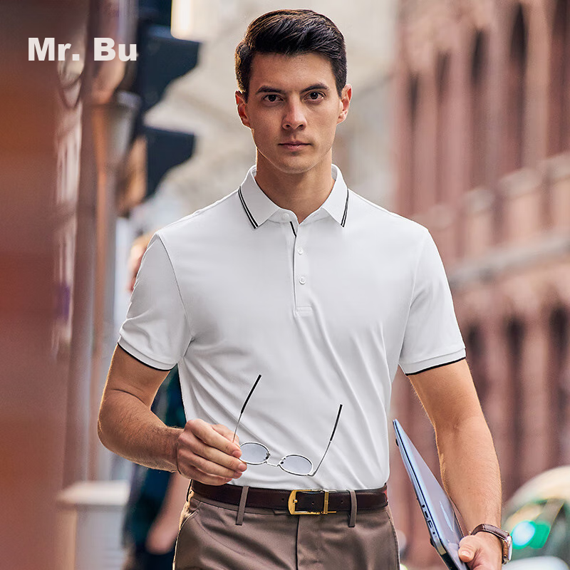 Mr. Bu's One-Piece Lapel T-Shirt for Men, Summer Contrasting Color Striped Cool-Feeling Short Sleeve, White, XXL/185