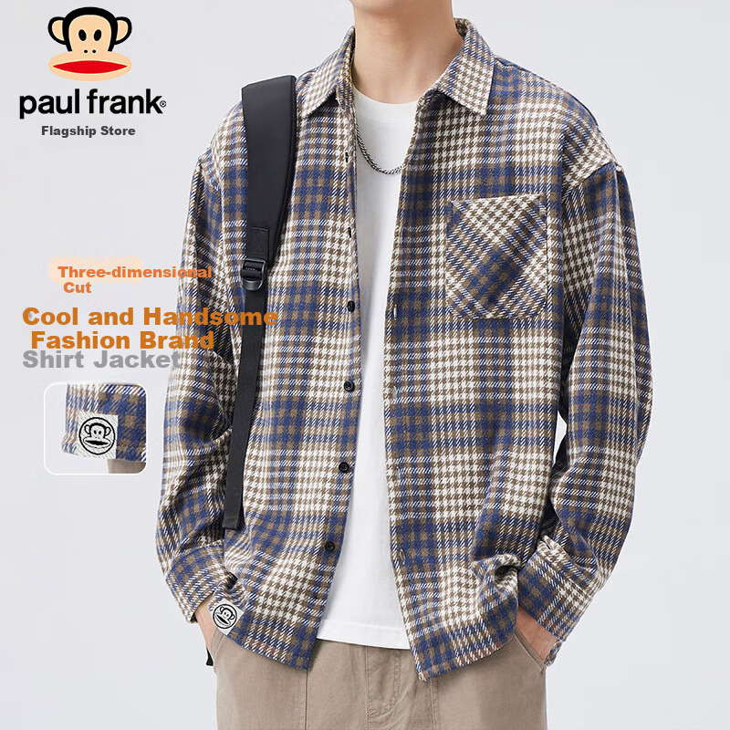 Paul Frank Men's Spring Plaid Long Sleeve Shirt Men's Casual Top Jacket Men's Clothing Blue M