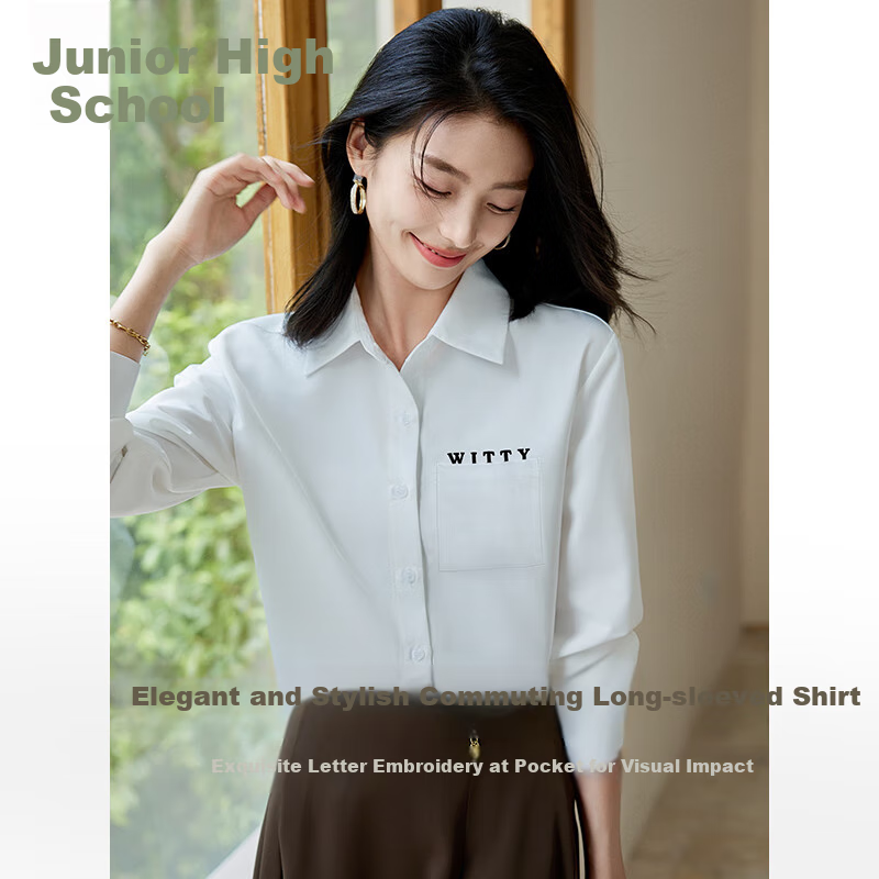 Chushen Spring and Autumn Long Sleeve Shirt Women's Student Solid Color Letter Turn-down Collar Shirt All-match Casual Commuting Top S143C2017
