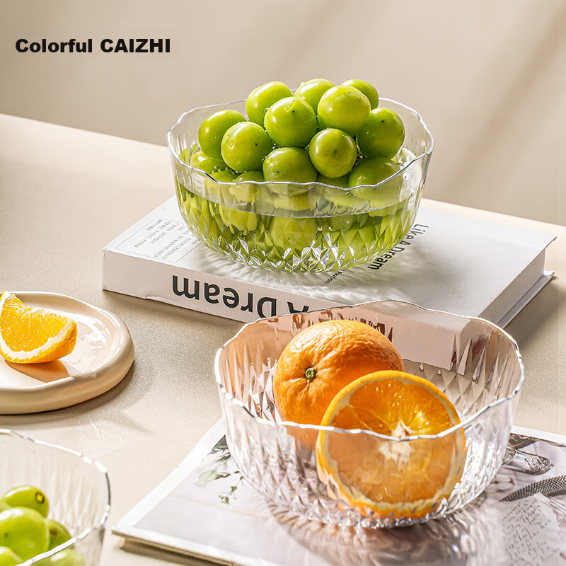 CAIZHI Japanese-Style Ribbed Silver-Rimmed Fruit Bowl Salad Bowl for Home Use, Living Room Coffee Table Snack Plate, Transparent Small Size CZ6875