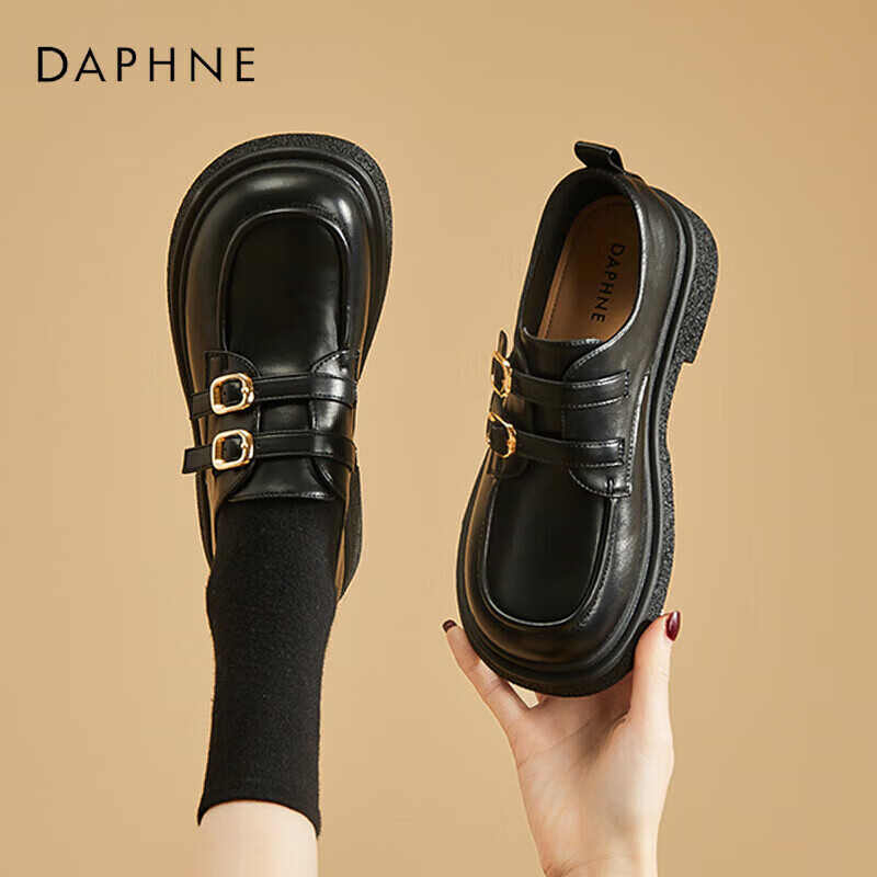 DAPHNE Women's British Style Single Shoes Retro Round Toe Loafers 4023101132 Black Size 37