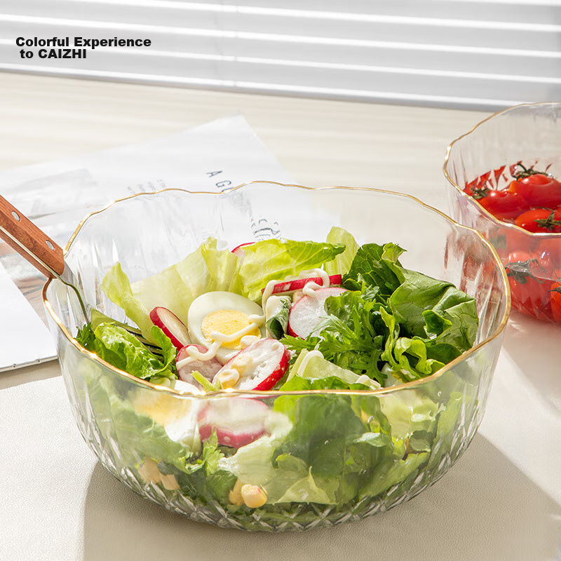 CAIZHI Japanese-Style Ribbed Gold-Rimmed Fruit Bowl Salad Bowl for Home Use, Living Room Coffee Table Snack Plate, Transparent CZ6774