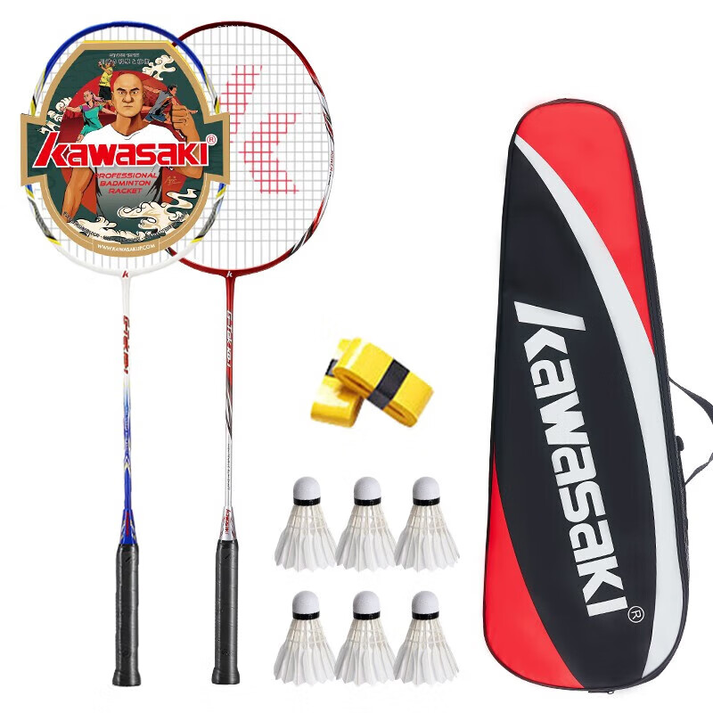 Kawasaki Badminton Racket Set, Ultra-Light Carbon Fiber Durable Pair KD-1 Blue And Red (Pre-Strung + 6 Shuttlecocks + Grip Tape + Racket Case)