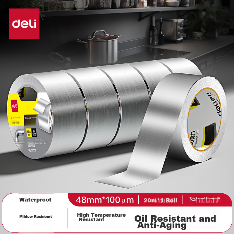 Deli Aluminum Foil Tape, Thickened Heat-Resistant Anti-Aging, Pipe Insulation Sealing, Kitchen Stove Waterproof And Oil-Proof, 48mm*20m, Silver, 1 Roll, 30520