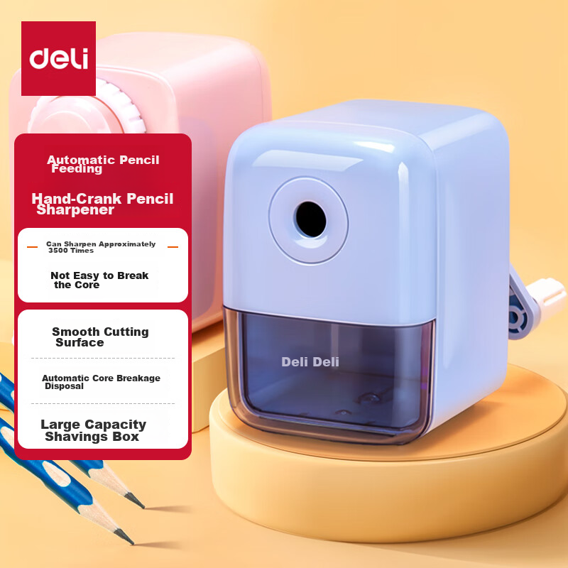 Deli Automatic Pencil Sharpener for Students, Hand Crank Pencil Sharpener, Blue