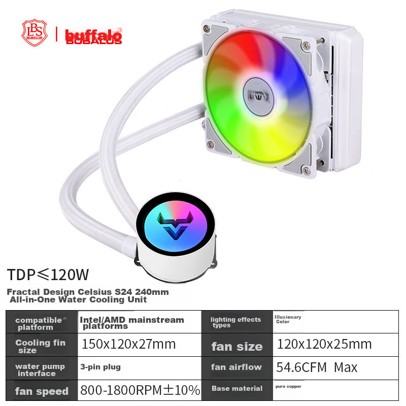 BUBALUS Hanzhan 120 White All-In CPU Water Cooler (Multi-Platform, Compatible with Intel/AMD, RGB Lighting, PWM Intelligent Temperature Control, Computer Fan)