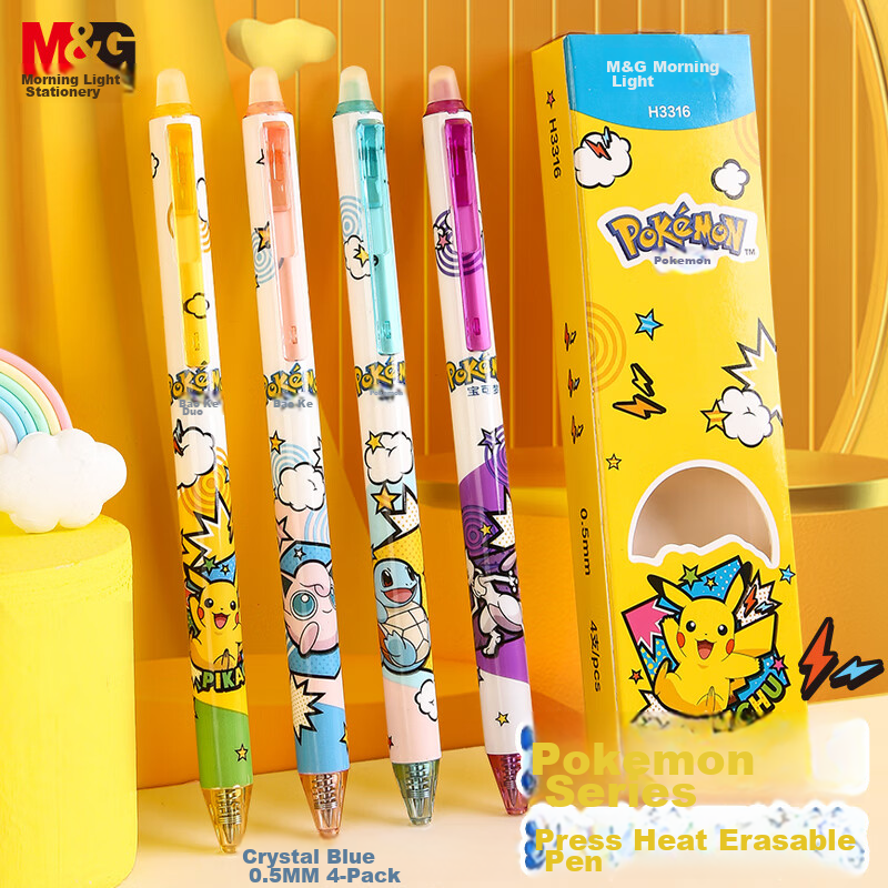 M&G Stationery, Erasable Gel Pen, Pokemon Collaboration Retractable Pen with Bullet Tip 0.5mm Crystal Blue, Cartoon High-Quality Signature Pen for Elementary School Students, Thermal Erasable Correcti