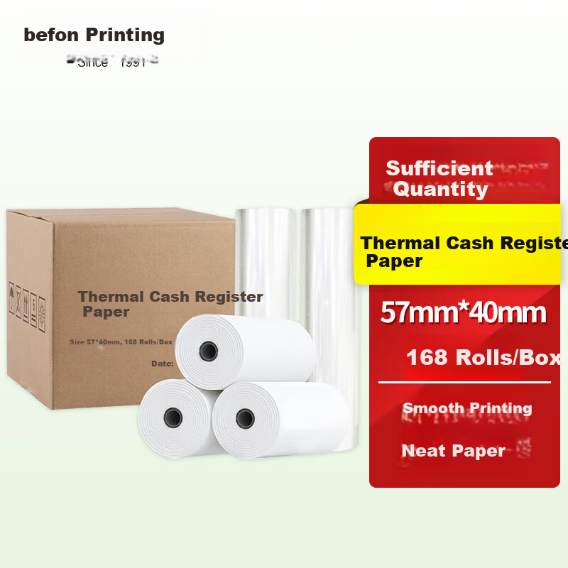 Befon High-Quality Thermal Cash Register Paper 57*40mm for Meituan Takeout, Supermarket Receipts, 168 Rolls (12m/Roll), Suitable for Restaurant Cash Registers