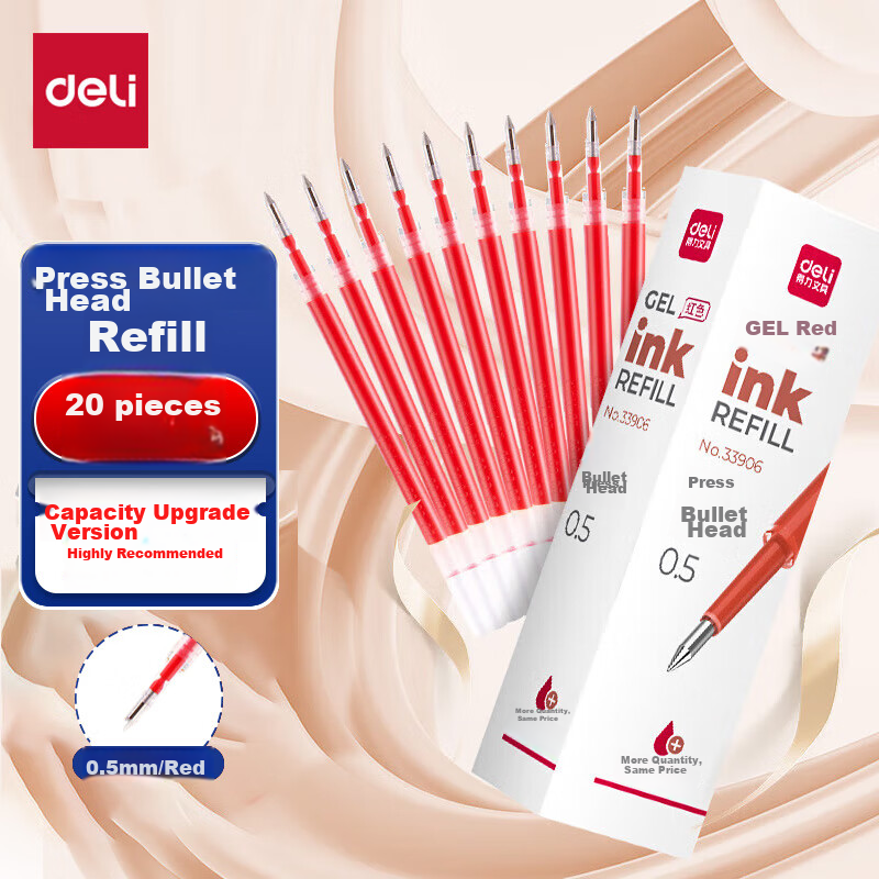 Deli 0.5mm Retractable Gel Pen Refills, Large Capacity Long-Lasting Extended Capacity Refills, Compatible with 33880S, 33881S, Red Bullet Tip, 20 Pieces/box, 33906