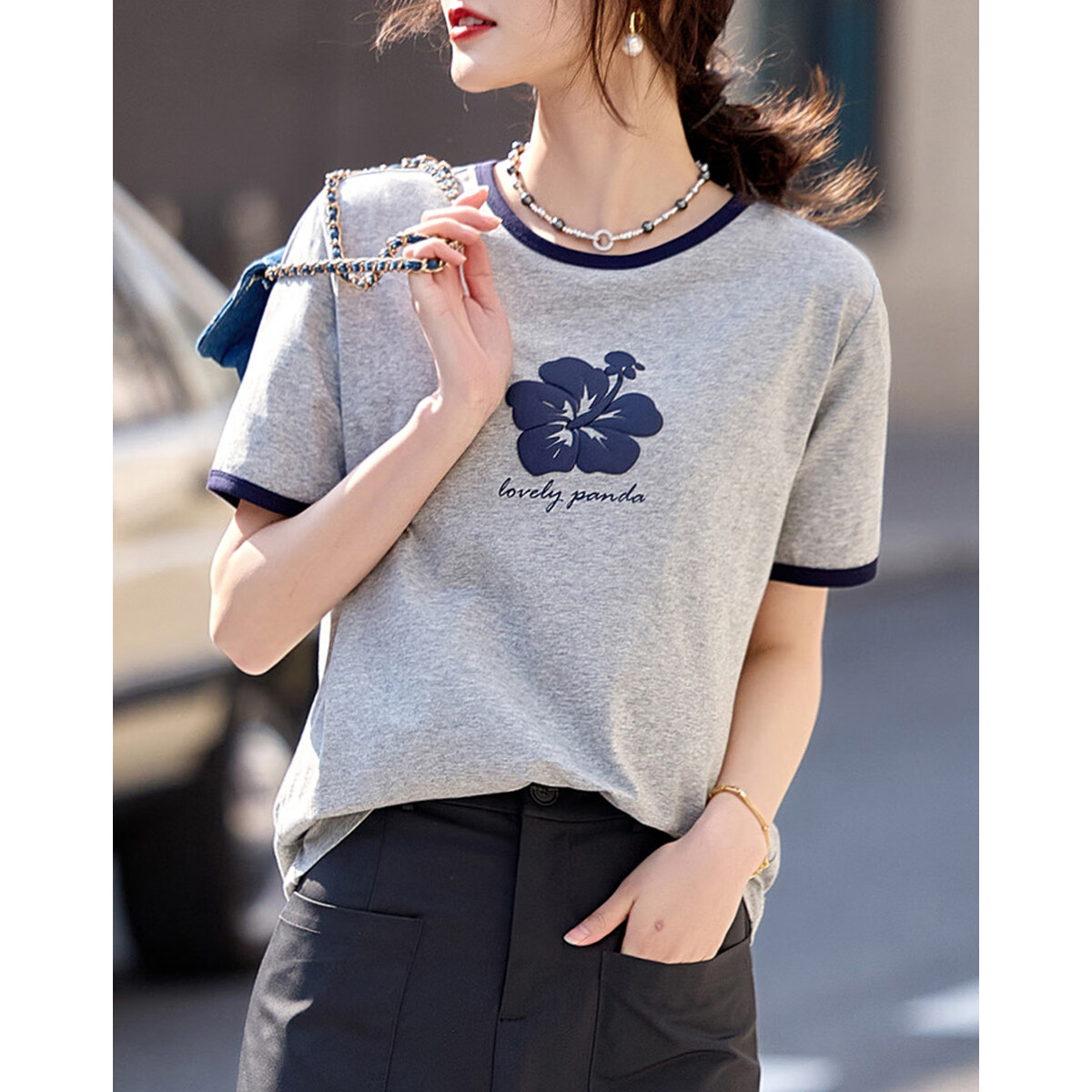 DME Chic Printed Cotton Ammonia Women's T-shirt for Spring and Autumn Casual City Casual Color-blocked Round Neck Short Sleeve Top