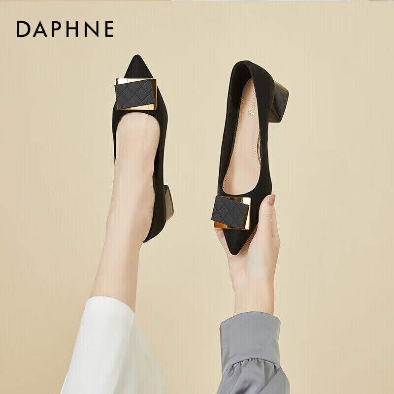 DAPHNE Women's Professional French Style Metal Square Buckle Women's Shoes Chunky Heel Pointed Toe Flat Shallow Mouth Versatile Single Shoes 4622101057 Black 38