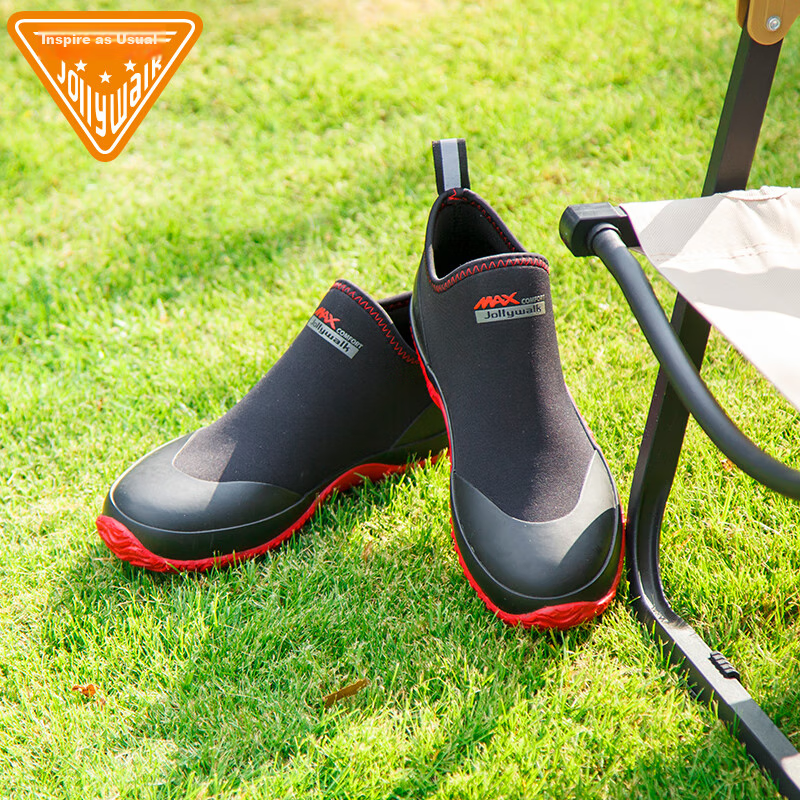 Jolly Walk Low-top Waterproof Shoe Covers for Men and Women, Waterproof Shoes, Rubber Shoes, Low-top Rain Boots, Water Shoes, Black and Red, Size 42