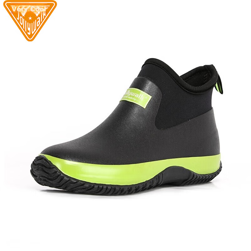 Jolly Walk Waterproof Rain Boots Men Women Rubber Shoes Fashion Rain Boots Water Shoes Labor Protection Shoes JW218 Green Black Size 39