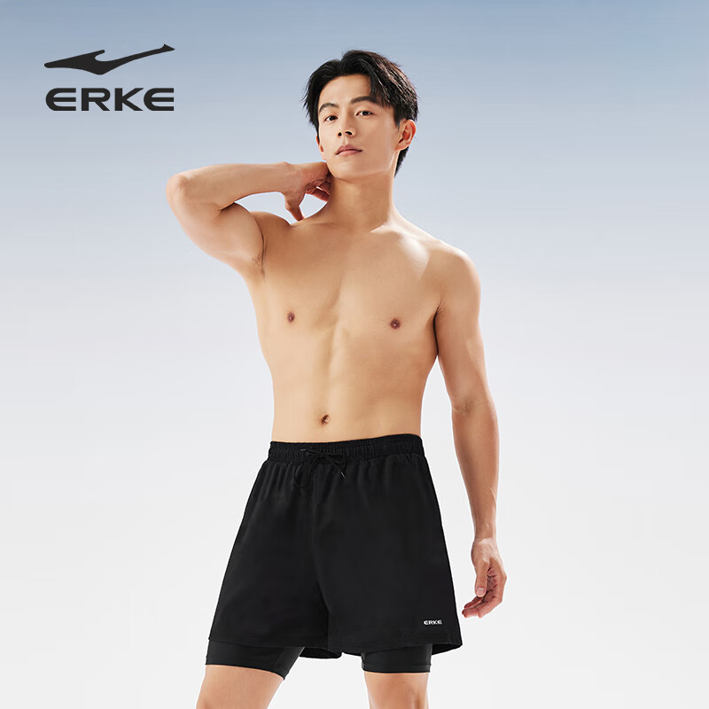 ERKE Men's Double-Layer Anti-Embarrassment Loose-Fit Quick-Dry Swim Trunks Beach Shorts for Holiday Hot Springs Swimming Equipment