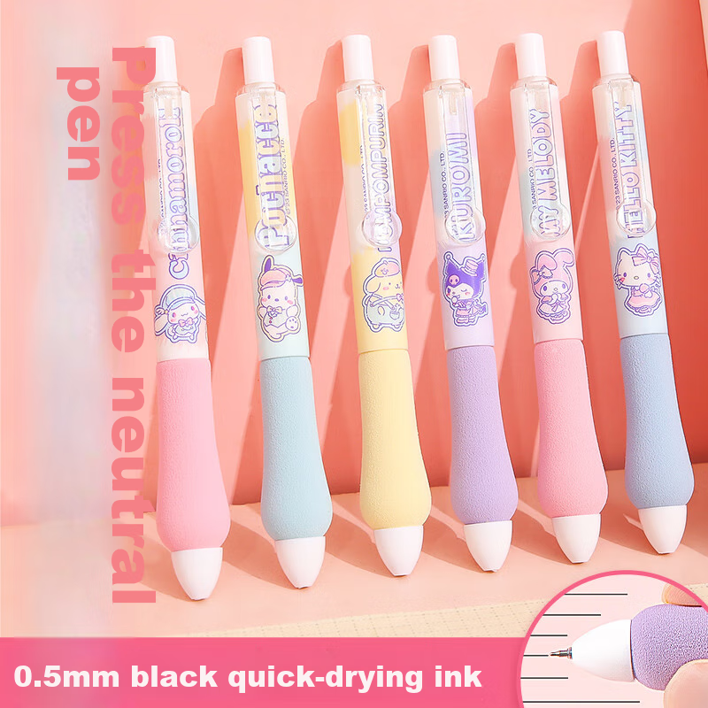 GuangBo Stylish Retractable Gel Pen, Sanrio Collaboration Sponge Pen Grip, ST Tip, Exam Pen, European Packaging, 0.5mm, Student Exam Pen, Black Ink, Black Pen, Back-To Stationery, KT82110-6
