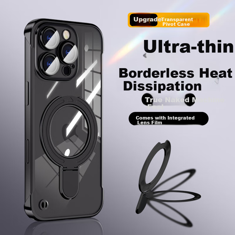 Hongzhuo Apple 15 Phone Case iPhone 15 Protective Cover with Ring Stand Electroplated Frameless Ultra-thin Transparent Anti-drop Simple Support Shell Titanium Black