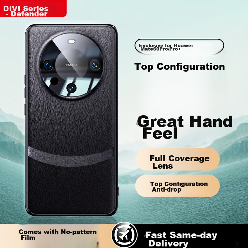 DIVI [Official Authentic Product | Premium Quality] Phone Case for Huawei Mate60 Pro/Mate60 Pro+, Genuine Leather Full Lens Protection Ultra-Thin Shockproof Case for Men, Ink Black