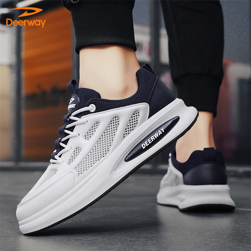 DEERWAY Men's 2025 Spring/Summer Canvas Shoes Men's Mesh White Sneakers Fashion Casual Sports Shoes White Deep Blue Size 42