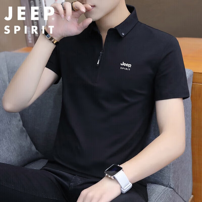 JEEP SPIRIT Men's Short Sleeve T-shirt Summer Korean Style Solid Color POLO Collar T-shirt Top Black 4XL