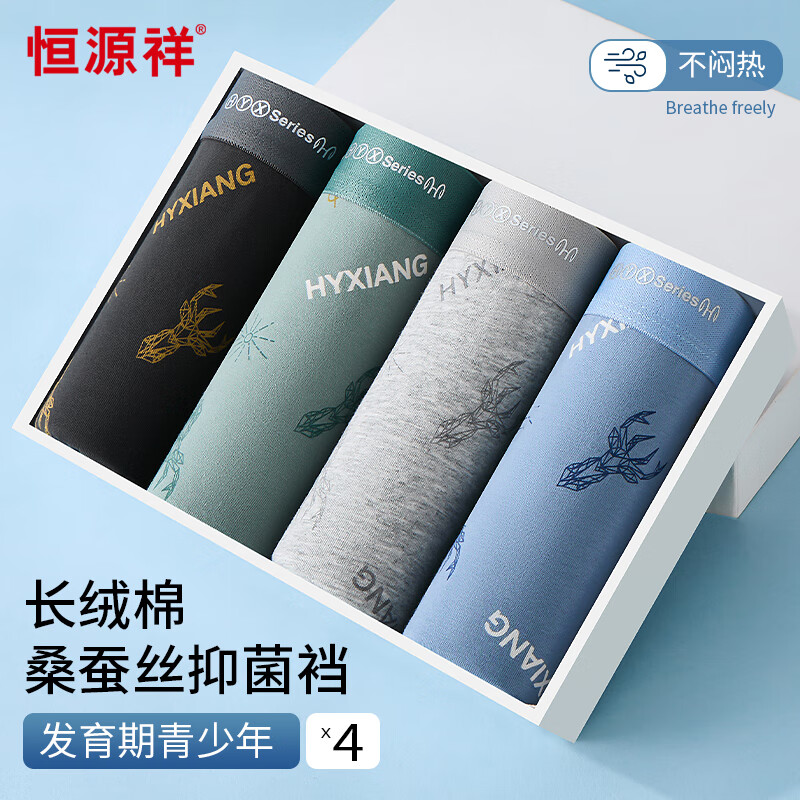 Hengyuanxiang Teenage Boys' Cotton Boxer Briefs with Printed Waistband, Pack of 4