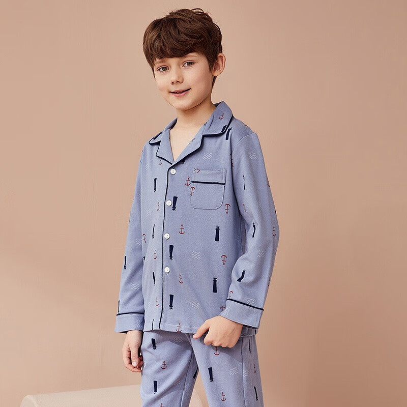 Hongdou Children's Pajamas, Boys' Pure Cotton Home Wear Set, Spring And Autumn New Style, for Older Children, Turn-Down Collar, Long Sleeves, Long Pants, Two-Piece Set, H1J3195, Gray-Blue, 140