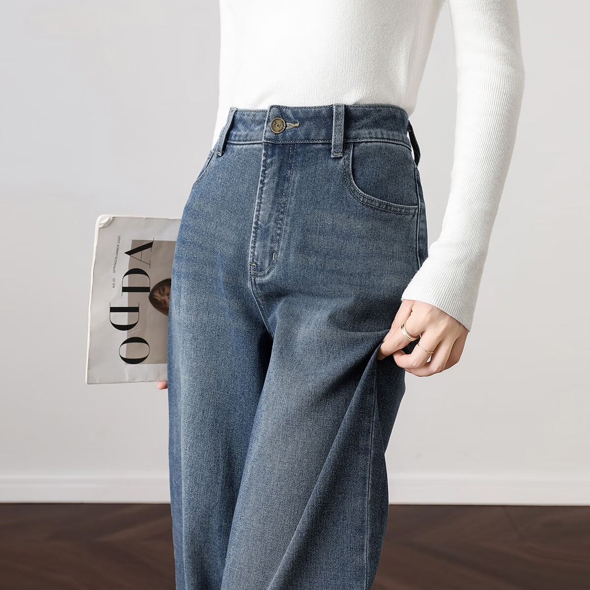 DME Autumn Cool Street Style Vintage Bleached Straight Leg Comfortable Wide Leg Jeans Deep Denim Blue L