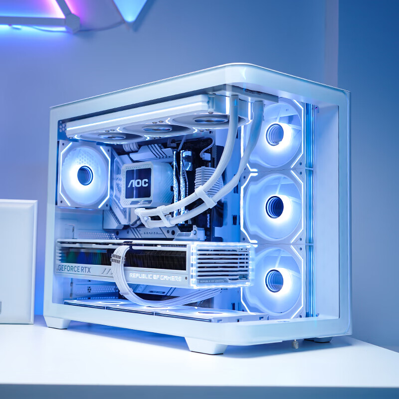 AOC CG455 White ATX Desktop Computer Case with Seaside Room Design, Integrated Curved Glass Panel, 10 Fan Slots, 360 Water Cooling Support, Left and Right Compartment Separation, Quick Release Design