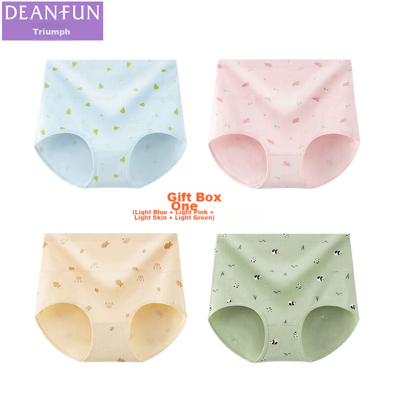 Deanfun Women's High-Waisted Tummy Control Cotton Butt-Lifting Cartoon Print Triangle Briefs, 4-Pack Gift Box, Size L