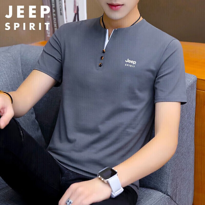 JEEP SPIRIT Men's T-Shirt, Summer Short-Sleeve, V-Neck, Solid Color, Breathable Top, Dark Gray, XL