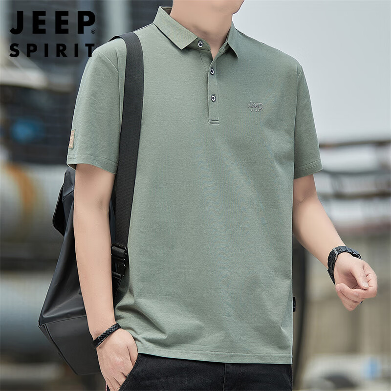 JEEP SPIRIT Men's Short Sleeve T-shirt Summer Business Casual Polo Neck Embroidered Shirt Army Green M