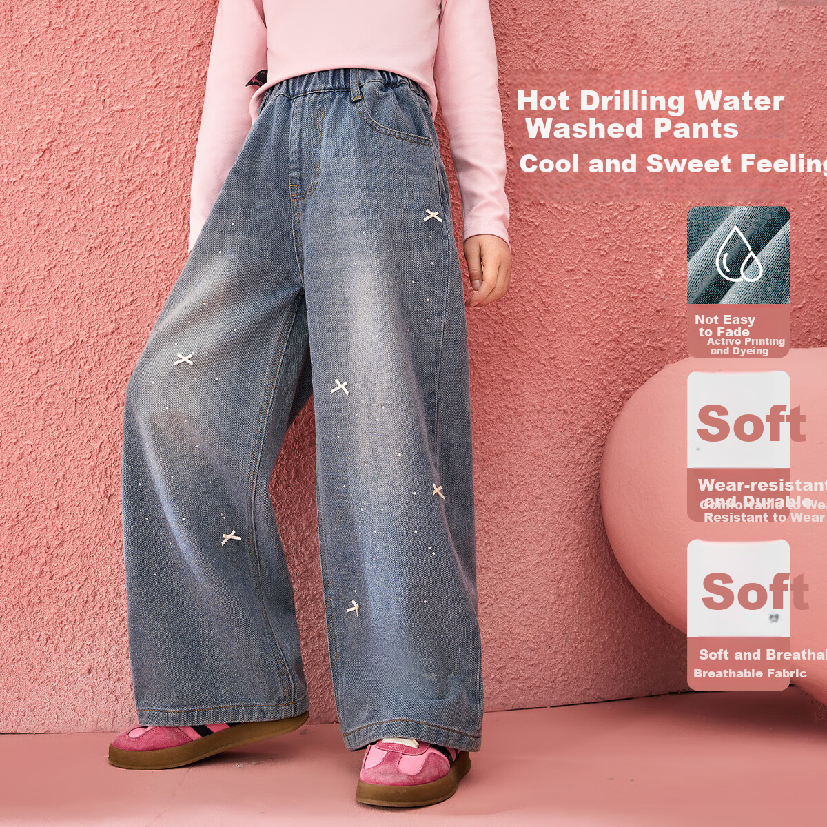 ASK JUNIOR Butterfly Bow Rhinestone Children's Pants, Girls' 2025 Autumn Wide-Leg Jeans, Casual Trousers, Blue, Size 140