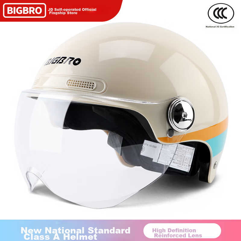BIGBRO K15 Off-White Ribbon, New National Standard 3C Certified Motorcycle And Electric Bike Riding Helmet, Unisex, All-Season, Sun Protection, for Electric Scooters, Summer Half Helmet