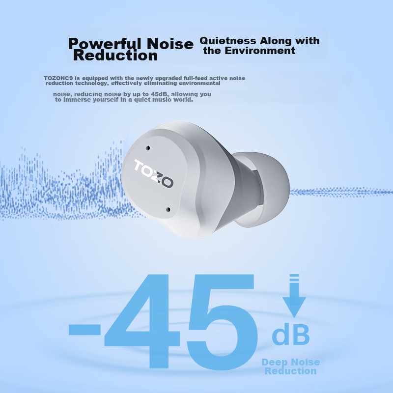 TOZO NC9 True Wireless Active Noise Cancelling Bluetooth Earbuds, In-Ear, 52-Hour Ultra-Long Battery Life, High-Fidelity Sound Quality, IPX8 Waterproof, Sports Earphones, Compatible with Apple, Huawei