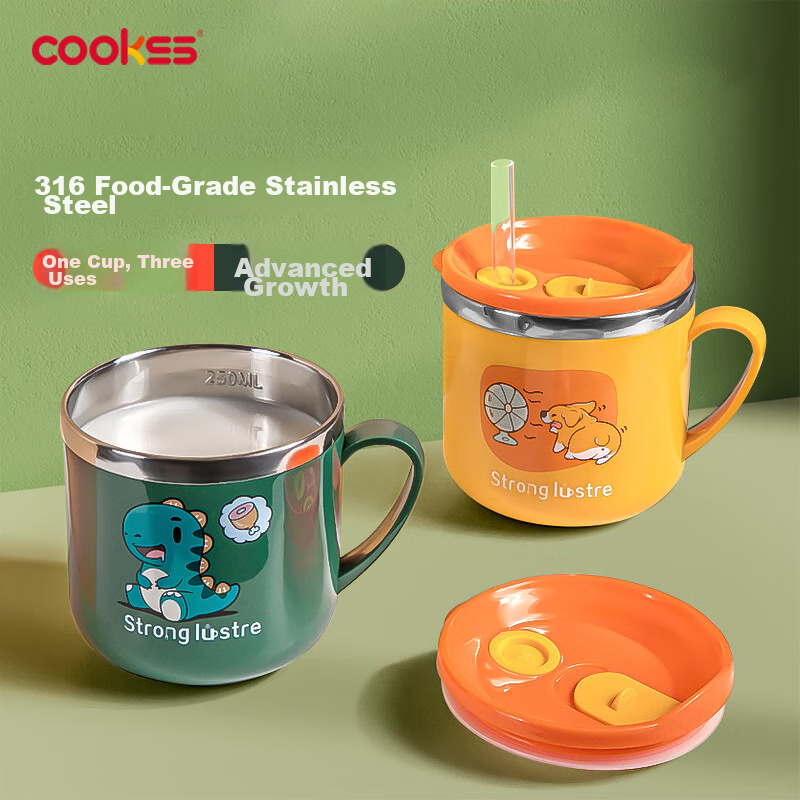COOKSS Children's Water Cup, Milk Cup, 316 Stainless Steel Training Cup, Baby 1-3 Years Old Straw Cup with Scale, Yellow