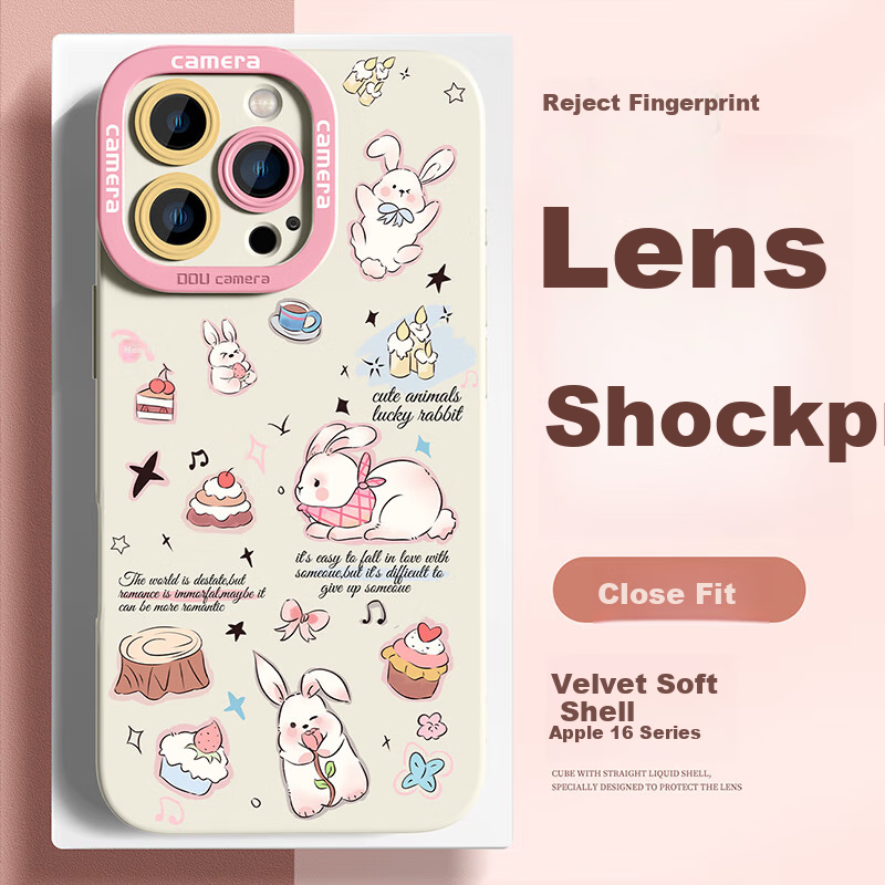 XP Apple 16 Pro Max Phone Case Lens Full Cover iPhone 16 Pro Max Soft Shell Heat Dissipation Silicone Ins Wind Girl Anti-fall Protective Case - Antique White Pink Little Rabbit