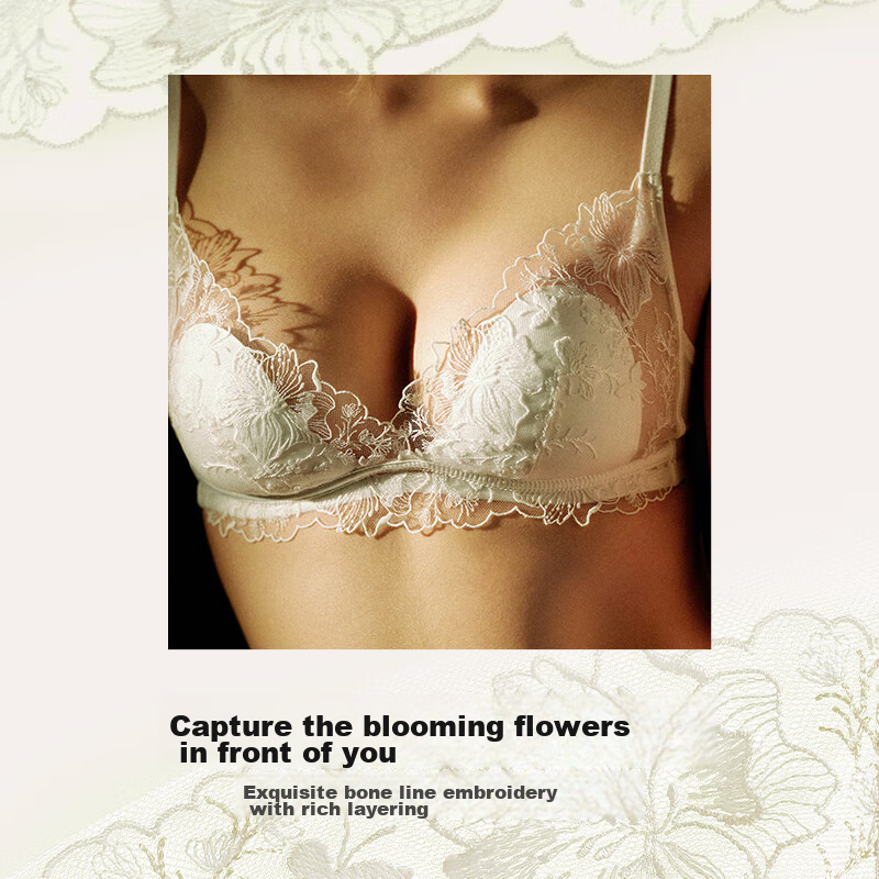 Ubras Endless Floral Sea Lace Sexy Large Breast Minimizing Bra, Women's Underwear, Cat Paw Cup - White, M