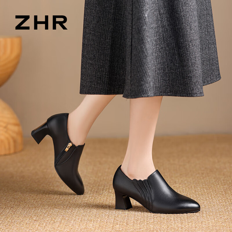 ZHR Top Layer Cowhide Women's Shoes Retro Style Work Leather Shoes Fashion Commuting Single Shoes Pointed Loafers JE15 Black 36