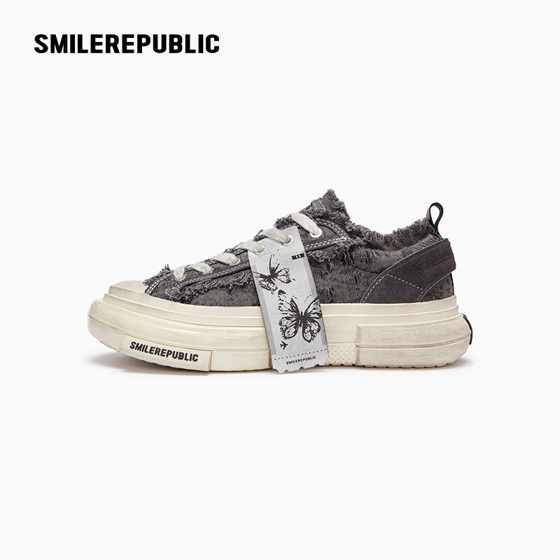 Smilerepublic 【Jin Chen's Same Style】Golden Butterfly 70s Distressed Grey Fringed Low-Top Thick Sole Shoes Black Size 38