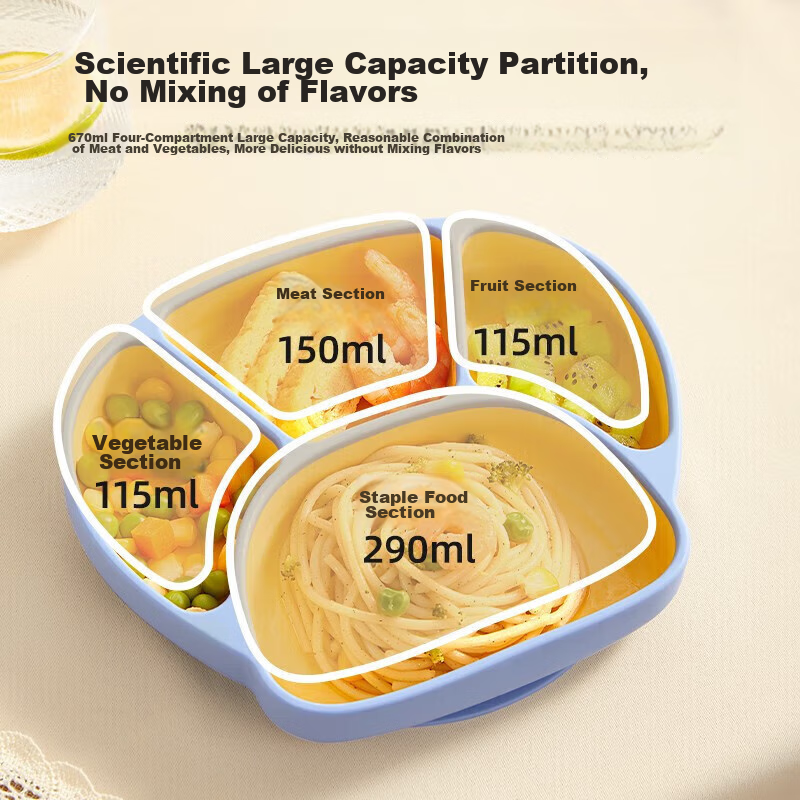 Beipesi Baby Plate, Complementary Food Bowl, Infant Suction Cup Silicone Self-Feeding Integrated Children's Eating Divided Tableware