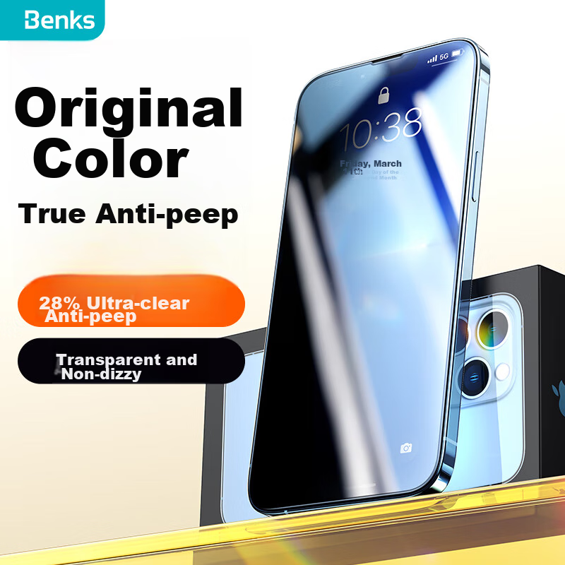 Benks Privacy Screen Protector for Apple 13/14/16e, Anti-Peeping Tempered Glass Film for IPhone 13 Pro/14, 16e Anti-Spy, HD Full Coverage, 28-Degree Anti-Peeping Shatterproof Glass Film