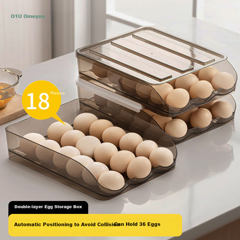 AOmeiyou Refrigerator Egg Storage Box, Drawer-Style Egg Container, Fresh-Keeping Box, Egg Tray, Egg Organizer, 2-Tier, Off-White