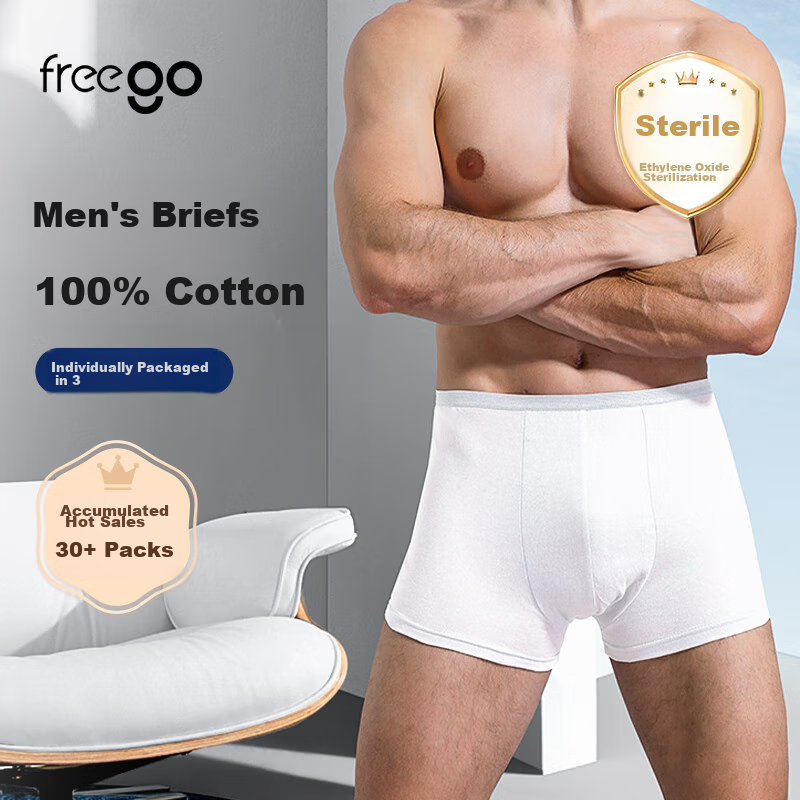 Freego Disposable Men's Boxer Briefs, Pure Cotton, Travel-Friendly, Sterilized, Portable, Comfortable, Large Size, 3 Pairs, Men's White, 2XL