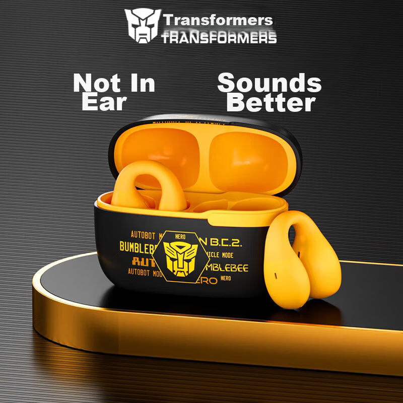 Transformers Bluetooth Headphones, Clip-On Open-Concept Bone Conduction, Not In-Ear, for Sports, Running, Cycling, Music, Gaming, Noise-Cancelling Earphones, Compatible with Apple And Huawei [Bumblebe
