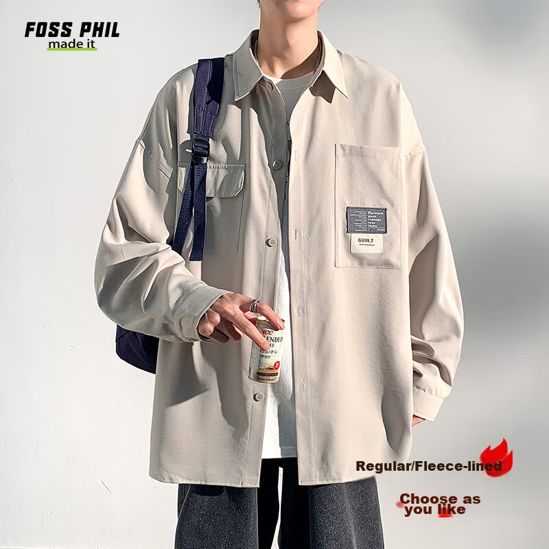 Foss Phil Hong Kong Style Long-Sleeve Shirt Jacket for Men, Spring And Autumn Casual Loose Workwear Base Layer Top, 7303 Light Gray, Size L