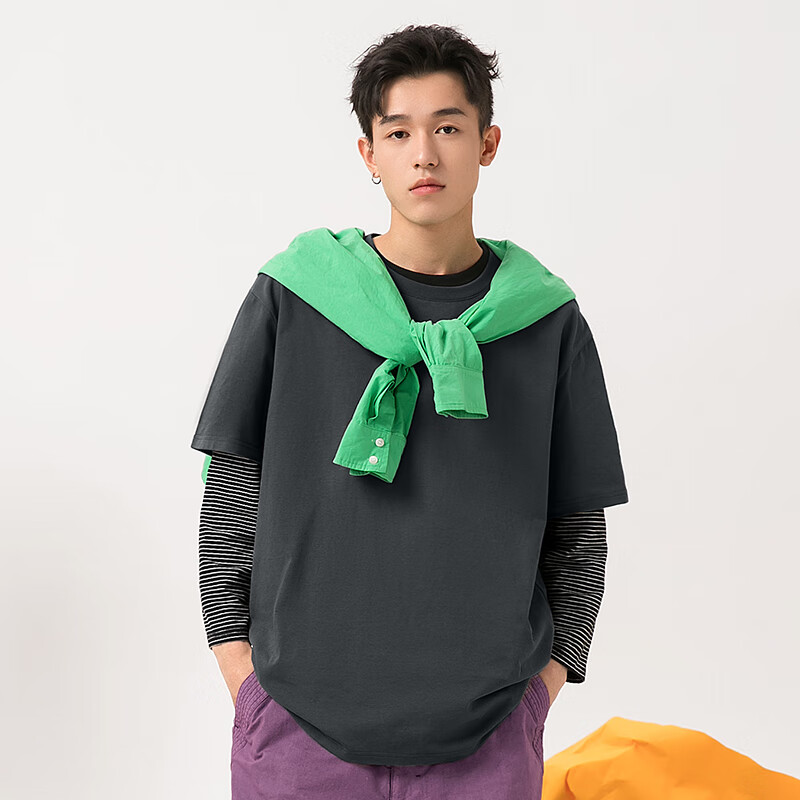 GENIOLAMODE Men's Cotton T-shirt Summer Fashion Casual Loose All-match Youth Short-sleeved Men's T-shirt Hemp Gray 2XL