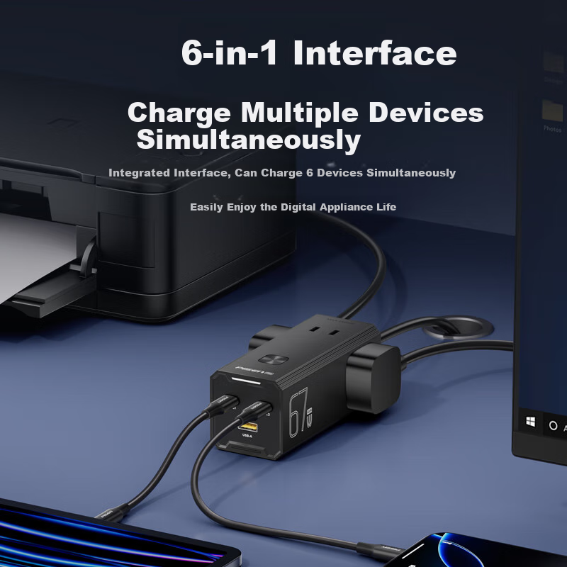 PISEN 67W GaN Desktop Charger Socket 65W Multi-port Quick Charge Type-C/USB Plug Board for Apple 16/15/14 Huawei Xiaomi Mobile Phones Notebooks iPad