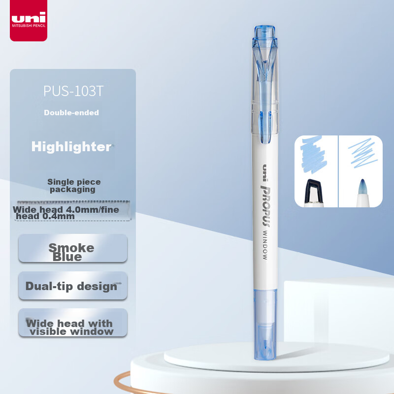 Mitsubishi (Uni) Dual-Tip Highlighter Pen, Student Homework Journal Drawing Marker Pen, Colorful Pen, Fine 0.4mm Thick 4mm, PUS-103T, 1 Pen/pack, Smoky Blue