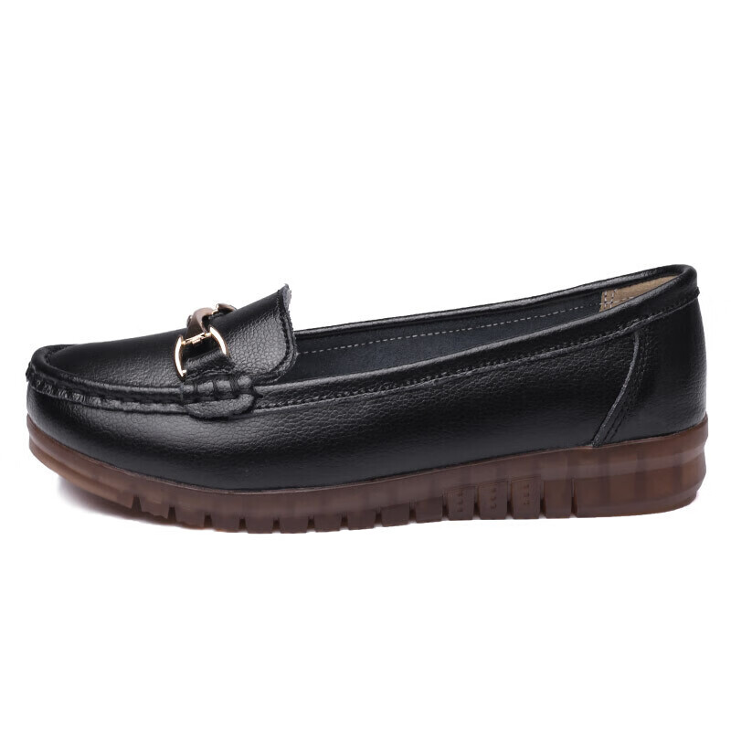 Qiangren Women's Flat Slip-On Shoes, Shallow Mouth, Single Leather Shoes, Comfortable, Breathable, Soft Upper, Soft Sole, Women's Shoes, JDA237030, Black, Size 38