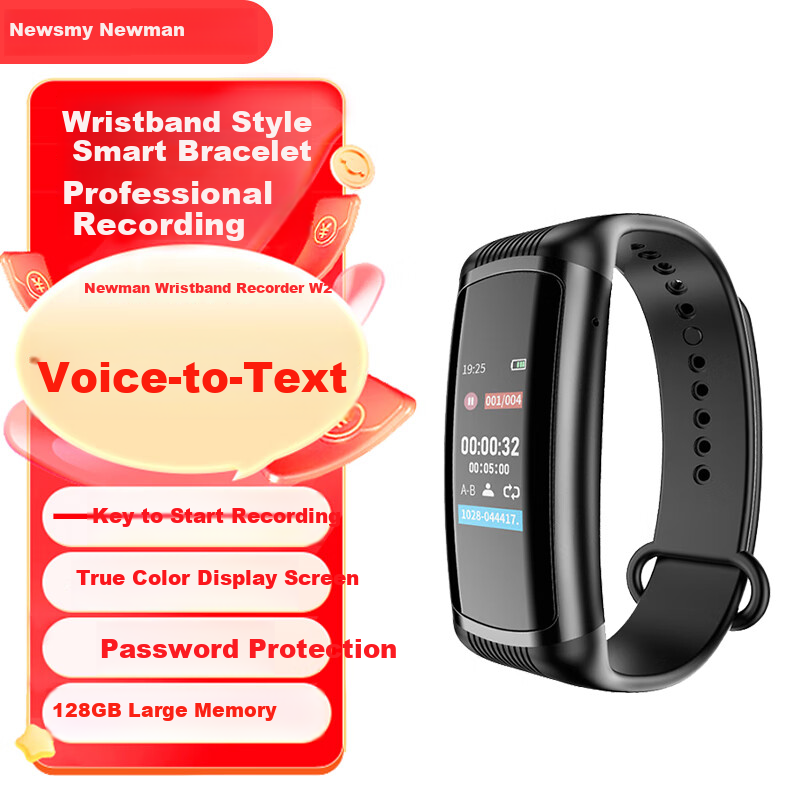 Newsmy W2 128G Wrist Voice Recorder One-Touch Recording HD Noise Reduction Long-time Recording Business Office Meeting Learning Training Customer Service Recording Device Black